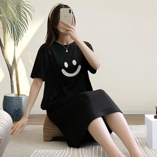 2025 Summer Short-sleeved Nightgown Sweet Cute Smiling Long Skirt Simple Casual Loose Home Clothes Pajamas for Women