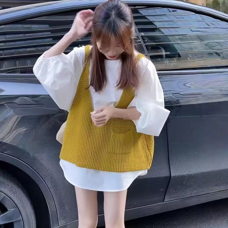 韩系减龄针织马甲衬衫两件套女2025秋新款宽松叠穿早秋松弛感穿搭|undefined