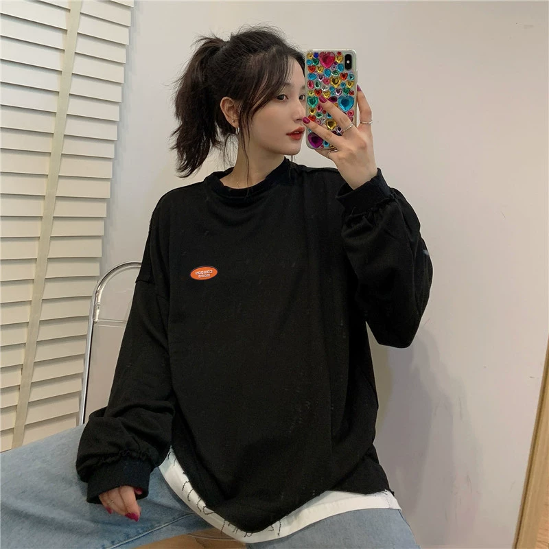 Новинка 2021, женская толстовка из двух частей с круглым вырезом в гонконгском стиле, весна и осень, свободный свободный стиль k-стиля bf, ленивый стиль