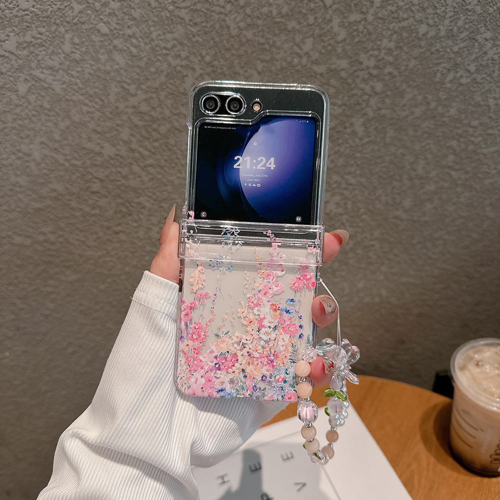 Funda protectora transparente con flores rosas para Samsung Z Flip5 ZFlip3/4, funda rígida transparente con nicho_voghion.com