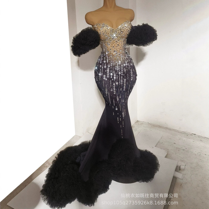 Luxurious and Elegant Sexy Dress with Bright Rhinestones, Ruffled Hem, and a Long Train, Featuring a Strapless Mermaid Silhouette, Suitable for Socialite Evening Events, Runway Shows, Beauty Pageants, and Photo Shoots
