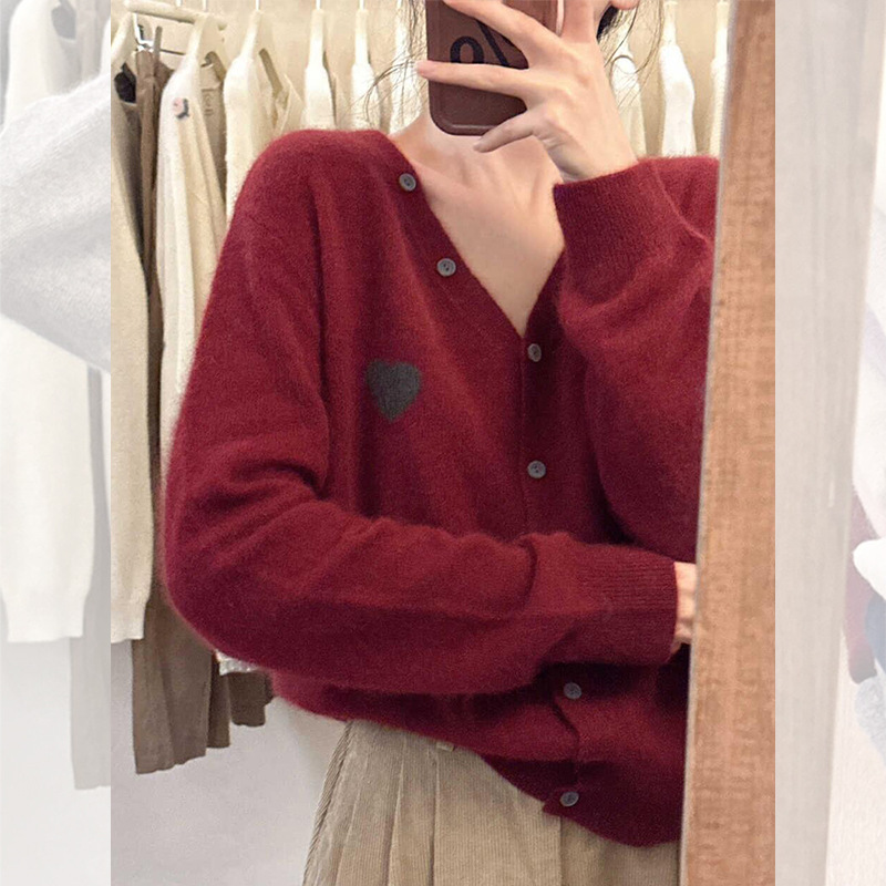 小个子灰色v领短款开衫毛衣外套女春秋季爱心刺绣针织衫长袖上衣|undefined