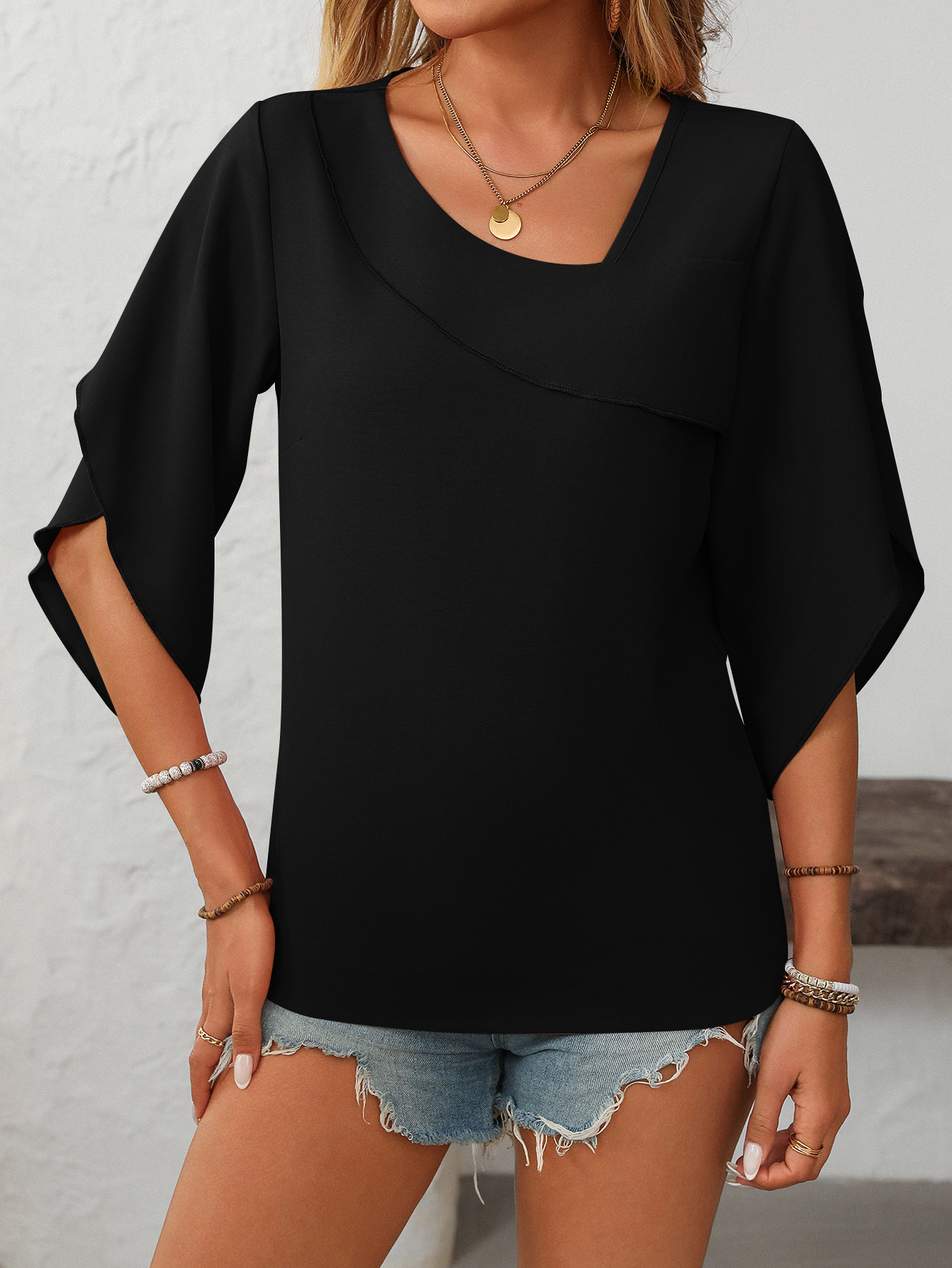 Summer Women Clothing Casual Oblique V neck Chiffon Puffed Sleeves Top