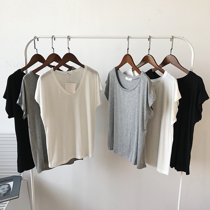 Soft Modal T-Shirt Women's Short-Sleeved Summer New Loose and Versatile Thin Pure Color V Neck Top