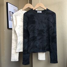 欧货秋季新款时尚圆领水墨画扎染黑色长袖T恤女修身内搭打底上衣