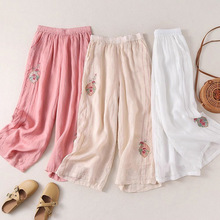 2025夏季新款复古新中式松紧腰宽松棉麻重工绣花直筒阔腿裤大码女