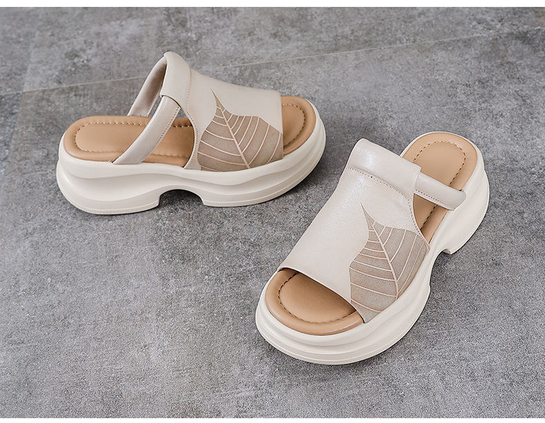 Dép sandal nữ quai chữ V đế dày da bò thật — Màu trắng be chi tiết 11