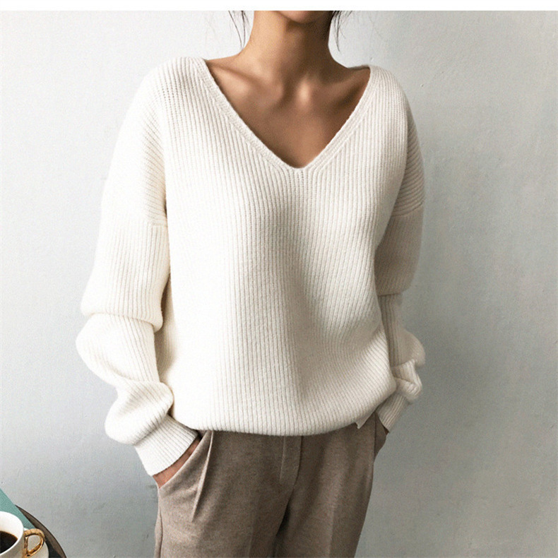 Vêtements pour femmes automne et hiver col en V à manches longues style paresseux ample pull à ourlet simple pull tricoté pull bas_voghion.com