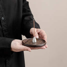 中式实木香插胡桃木复古锡线香插创意圆形家用茶道檀香底座香盘托