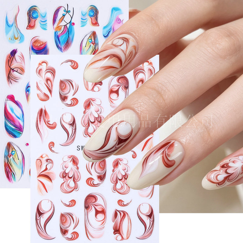Red-brown fluid gradient nail art stickers ins cross-border foreign trade vintage watercolor patterns DIY nail decoration stickers