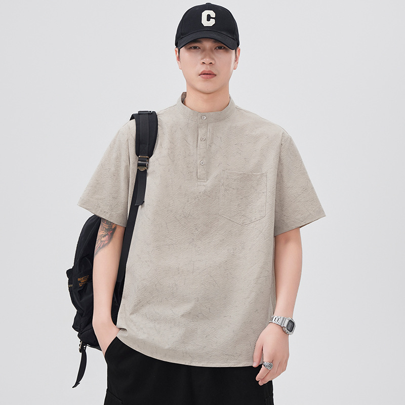 Summer New Short-Sleeve Shirt for Men with Stand Collar, Pullover Half-Cardigan Shirt, Solid Color Pocket, Japanese Retro Short-Sleeve T-Shirt