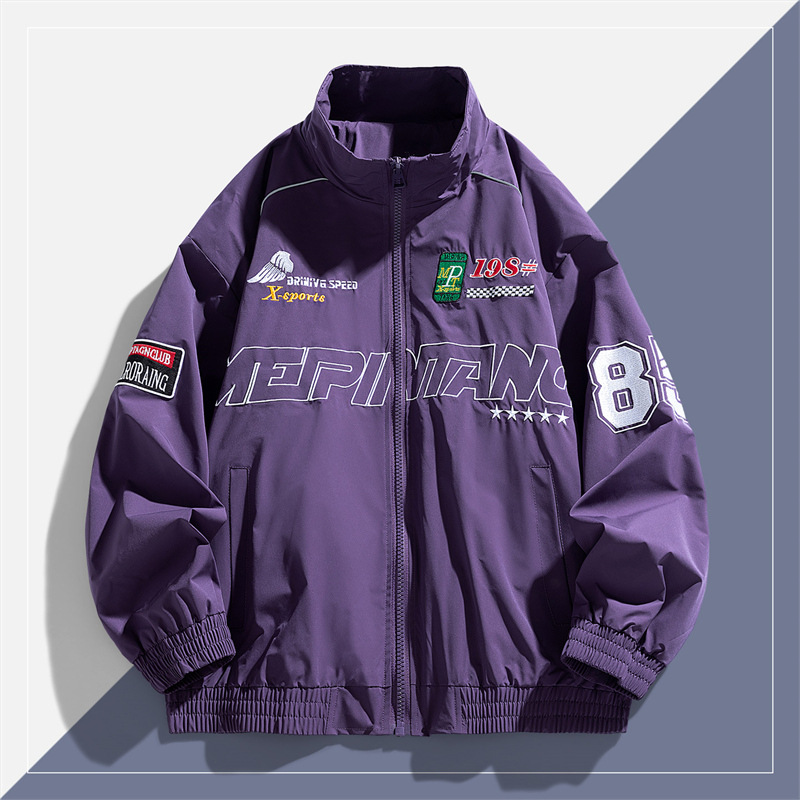 High street biker jacket with embroidery on the collar/chest/arms, reflective stripes, polyester fiber, black/khaki High street biker jacket with embroidery on the collar/chest/arms, reflective stripes, polyester fiber, black/khaki