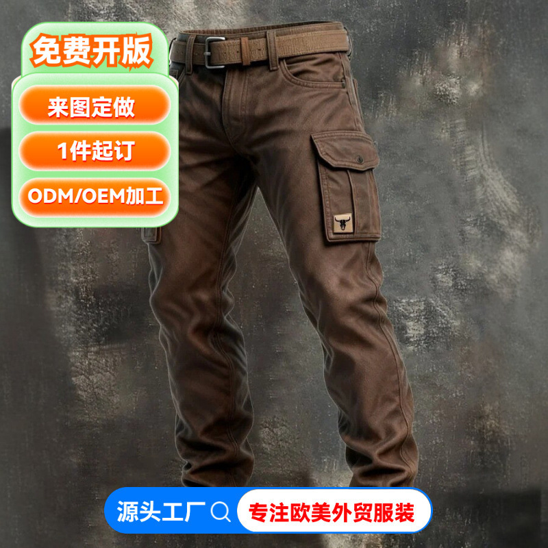 Cross-border European and American foreign trade men's work pants, custom-made outdoor retro multi-pocket tactical faux denim straight-leg trousers Cross-border European and American foreign trade men's work pants, custom-made outdoor retro multi-pocket tactical faux denim straight-leg trousers
