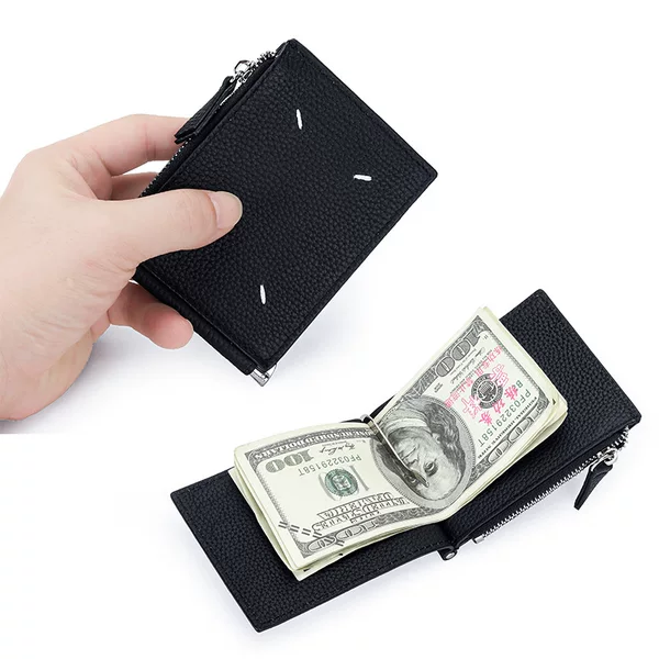 New Genuine Leather Dollar Bill Holder for Men and Women Short Small Wallet Ultra-Thin Cash Holder Two-In-One Card Holder Zipper Coin Purse