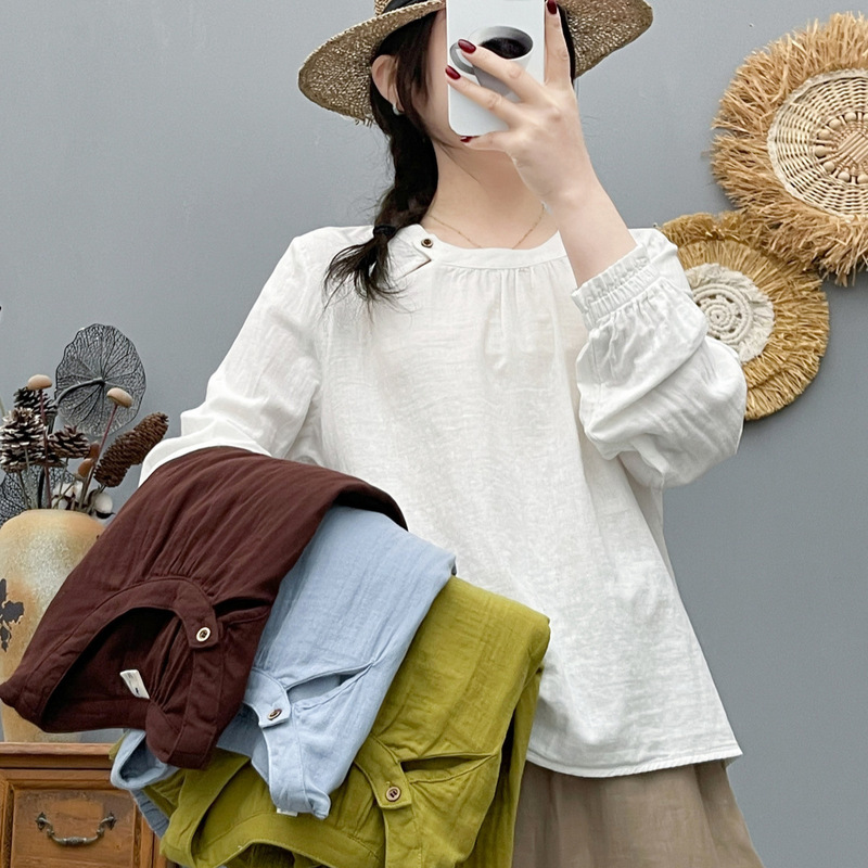 Factory Direct Sales Spring New Style Casual Slim-Fit Pullover Round-Neck Shirt Women's Long-Sleeve Double-Layer Cotton Gauze Stylish Blouse