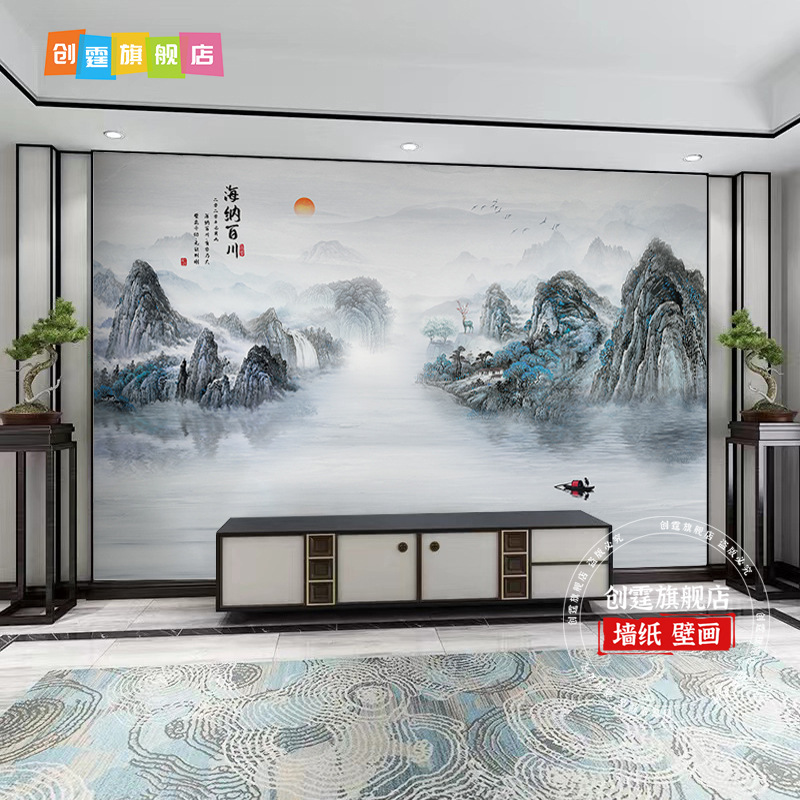 千里江山图电视背景墙壁布客厅新款中式壁纸3d立体壁画影视墙|undefined