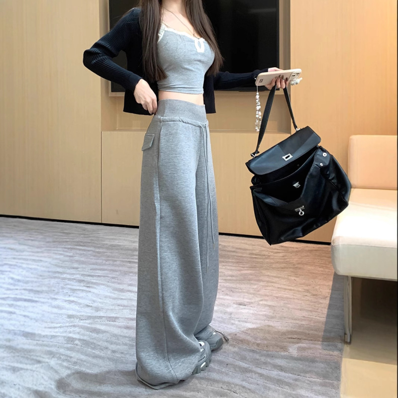 慵懒风灰色休闲裤早秋卫裤女高腰直筒裤阔腿裤长裤垂感拖地裤女|undefined
