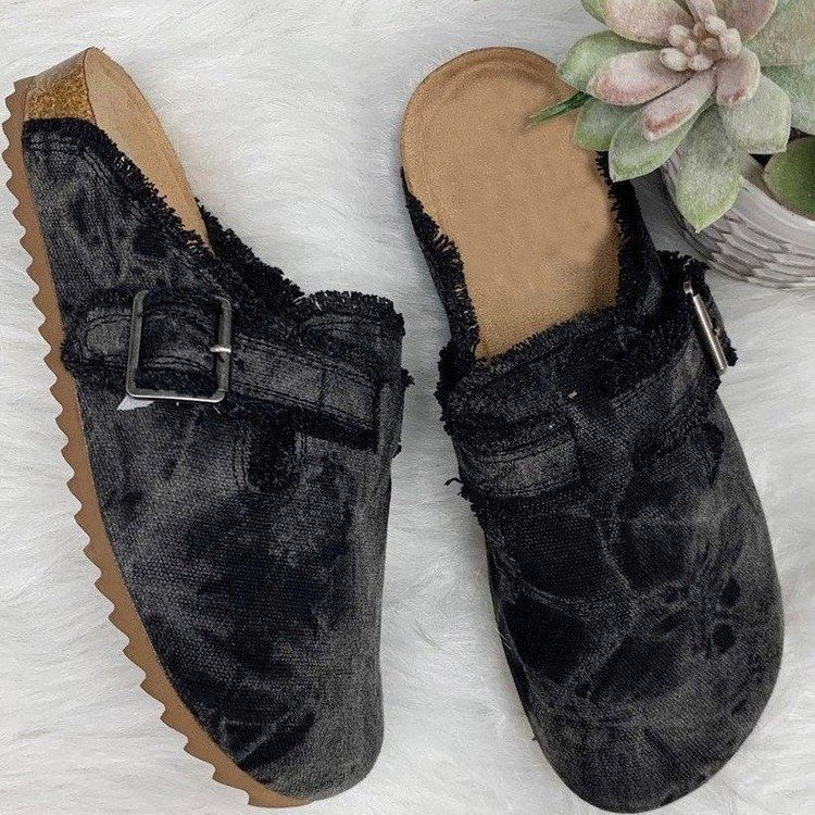 Scarpe mezze pantofole da donna estive nuove sandali con nappine a fondo piatto e testa rotonda indossati esternamente con cintura_voghion.com
