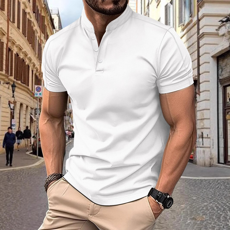 2025 Cross-Border Aliexpress Amazon Men's Short-Sleeved Stand-Up Collar Waffle Long-Sleeved Henry Casual Polo Shirt Collar