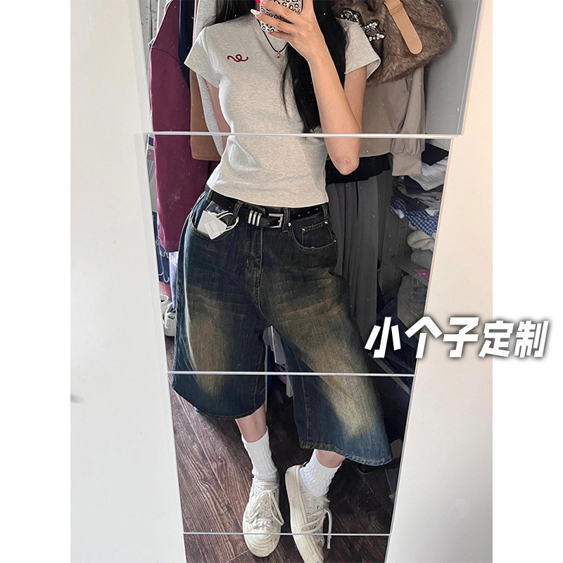 150 Petite American Denim Cropped Shorts for Women, Summer Vintage Loose Wide-Leg High-Waisted Straight Mid-Length Shorts