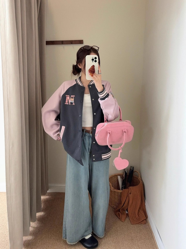 美式学院风泰迪熊拼色棒球服女秋季新款宽松百搭休闲夹克上衣外套|undefined