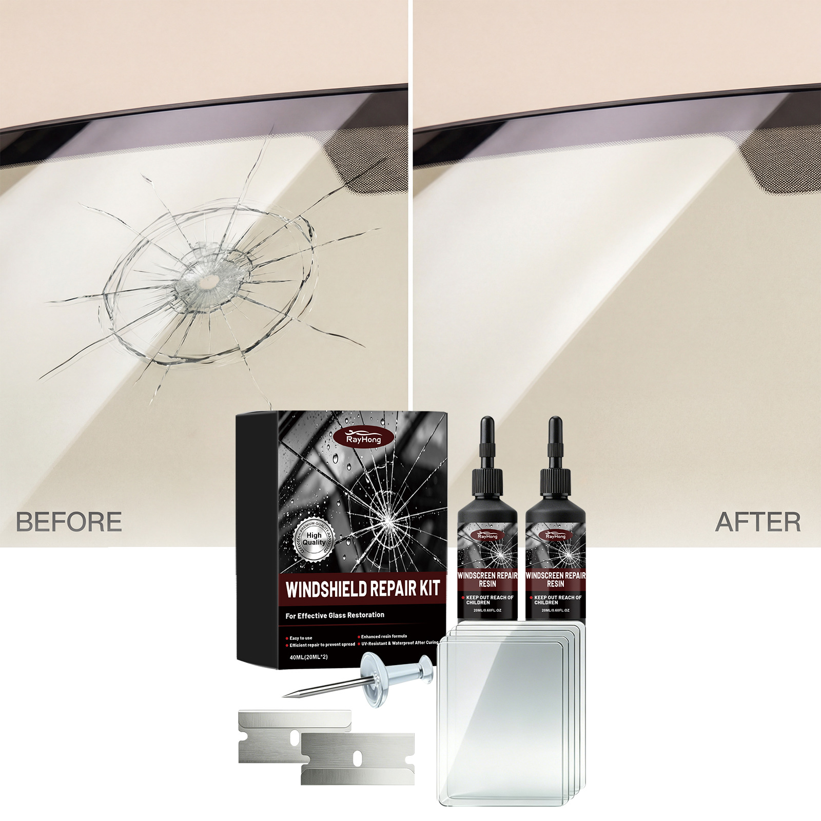 Rayhong Windshield Care Kit Car Windshield Repair Clear Vision Daily Care