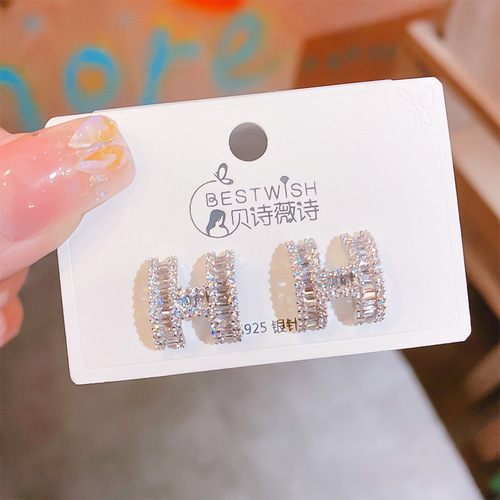Zircon earrings for women,  new trendy light luxury niche design, high-end French silver letter earrings