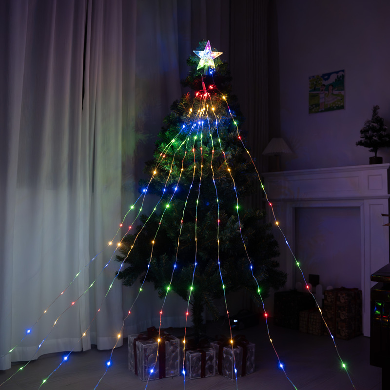 クロスボーダー LED クリスマスレザーライン五芒星滝ライトストリングホリデーデコレーションクリスマスツリートップスターランニングウォーター低電圧ライト|undefined