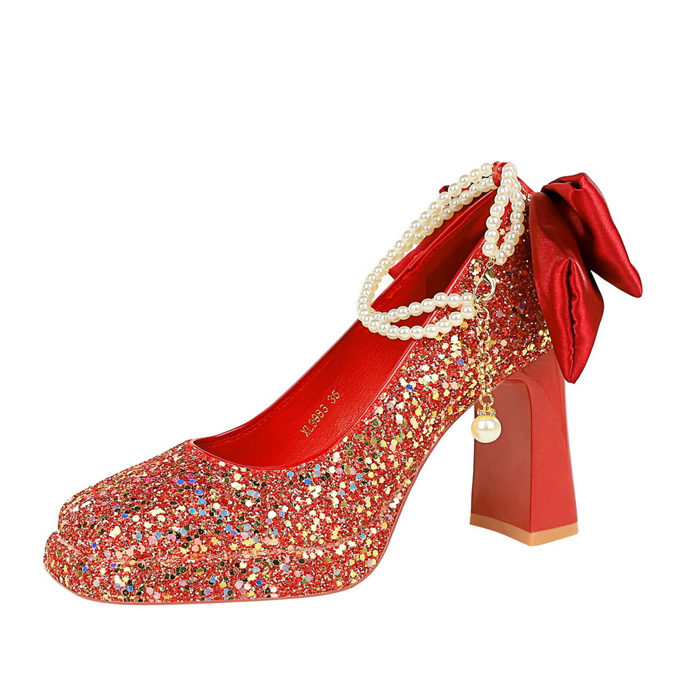 Elegant Pearl Bow Stiletto Pumps With Waterproof Platform Heels_voghion.com