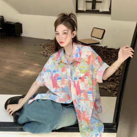 夏日痞酷风个性小清新翻领涂鸦图案油画感宽松oversize短袖衬衫女