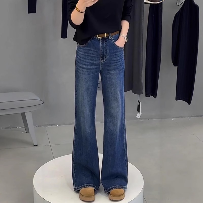 大码高腰弹力直筒微喇牛仔裤女2025春季胖mm遮胯显瘦阔腿拖地裤子|undefined