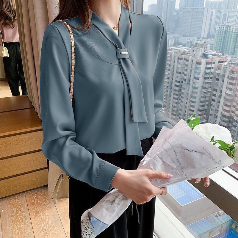 2025年春秋新款蝴蝶结职业白色雪纺衬衫女上衣气质领打底衫夏装|undefined
