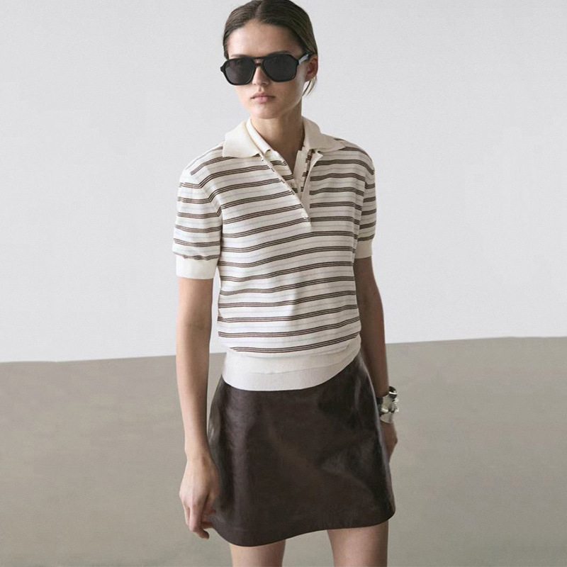Spanish Purchasing Agent Md New Summer Cotton Short-Sleeve Striped Polo Shirt Slim Fit Women's T-Shirt