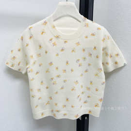 顶版夏季新款韩版复古提花圆领泡泡袖显瘦甜美针织上衣