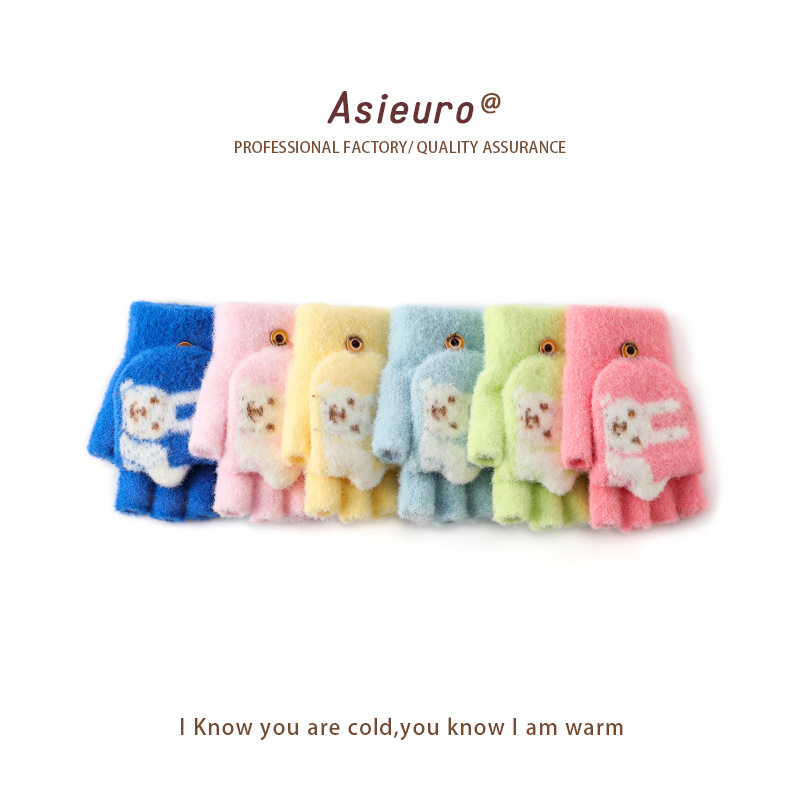 Children's warm knitting gloves with plush and thick finger gloves, new cute cartoon factory wholesale