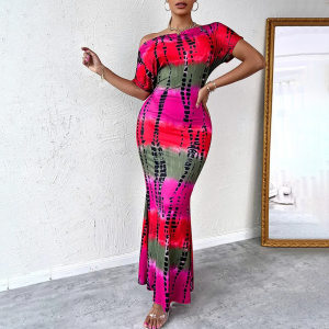 product - wholesale Women Clothing Printed Short Sleeve Diagonal Collar Slim Fit Sexy Dress Maxi Dress - 4