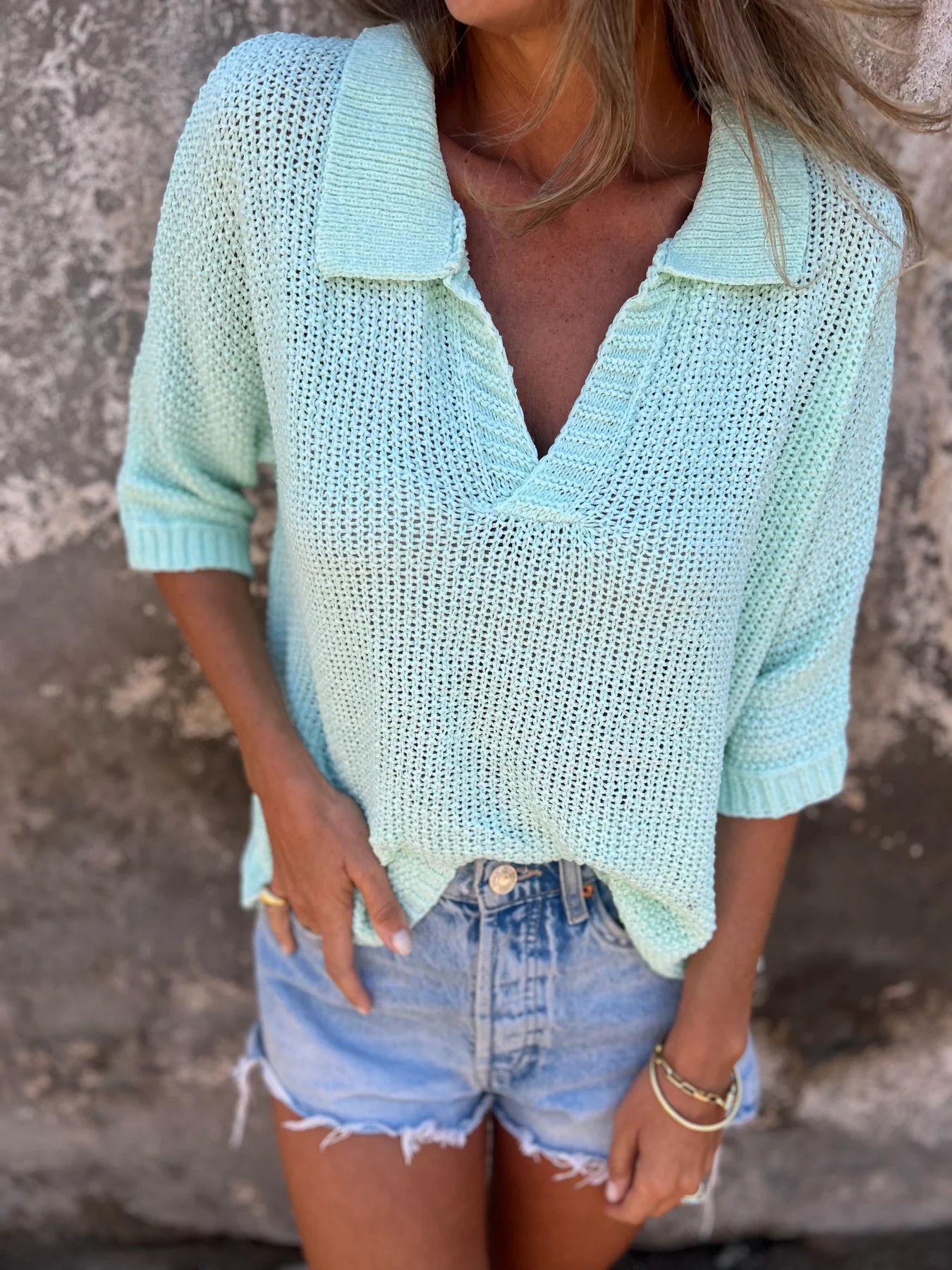 Damen-Sommer-Strickpullover mit Kragen, Dreiviertelärmeln, einfarbig_voghion.com