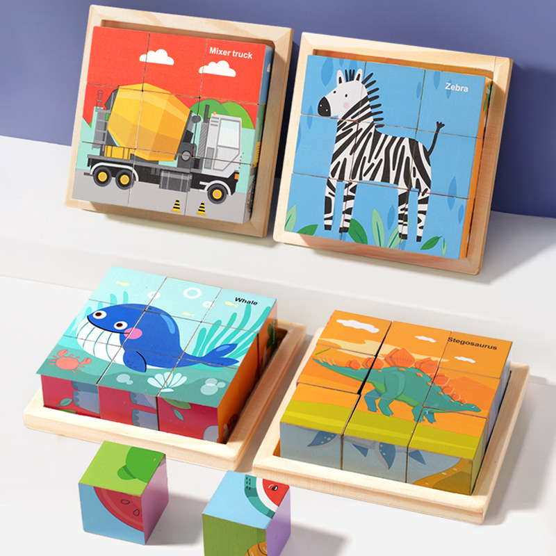 Rompecabezas de madera de seis caras para niños pequeños, bloques de construcción tridimensionales seis en uno, juguetes de bloques de construcción cognitivos con temática de animales, transporte y dinosaurios.