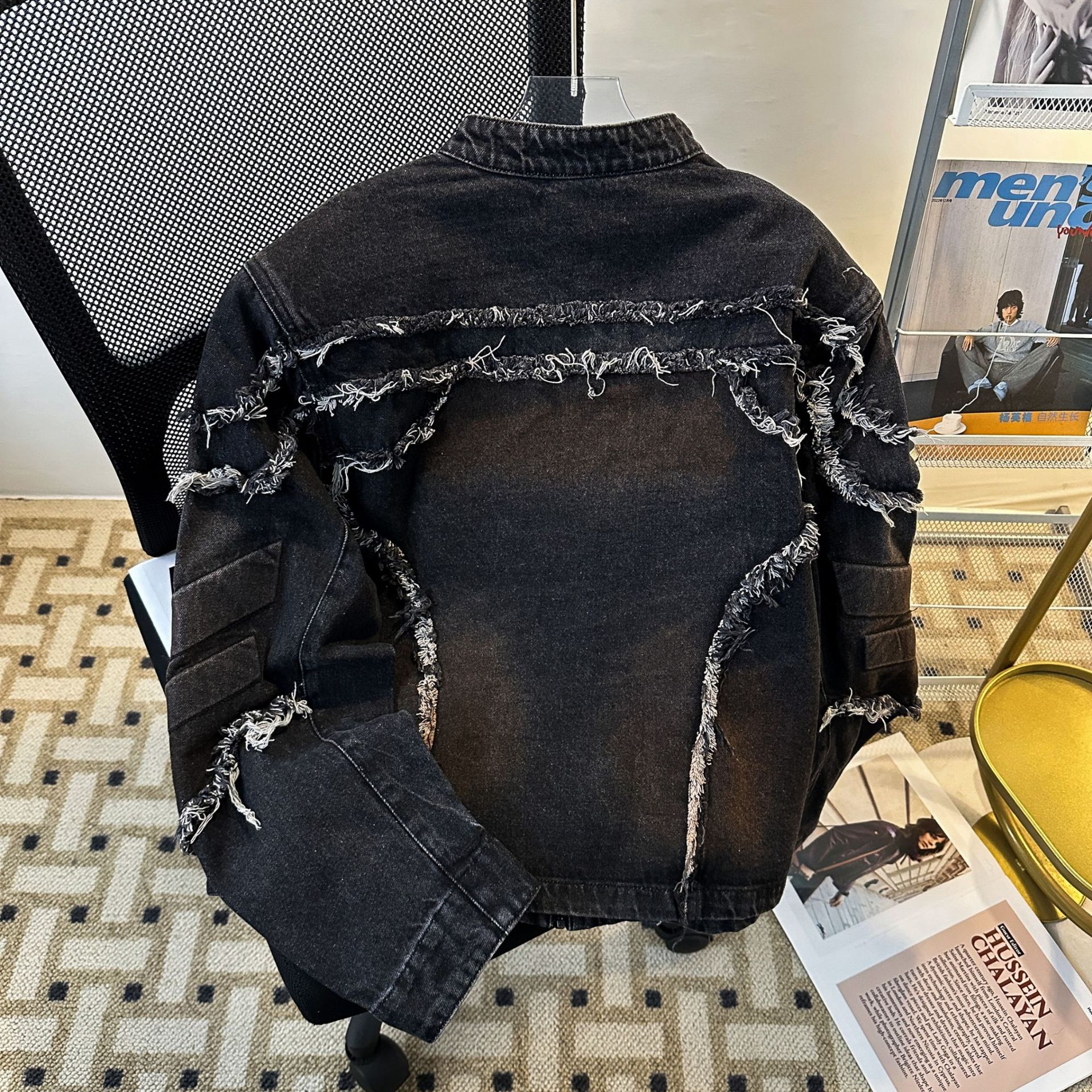 Embossed Fringed Shoulder Padded Denim Jacket, Retro And Cool Top, Stand Up Collar, Trendy Brand Motorcycle Jacket_voghion.com