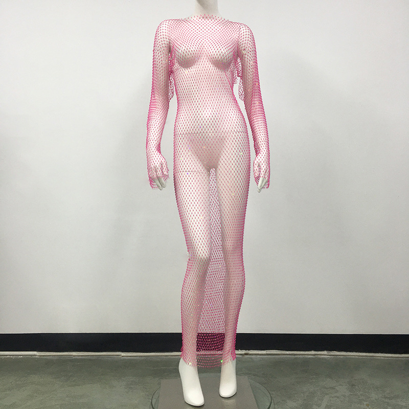 로즈 레드 비 스플릿 롱 원피스