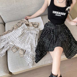 不规则复古格子半身裙女夏季高腰防走光a字裙子辣妹衬衫百褶短裙