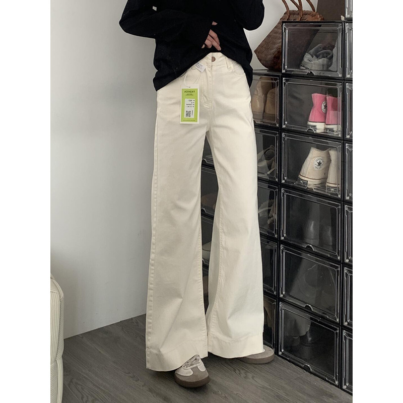 小个子白色牛仔裤女秋季港风复古高腰显瘦宽松不贴腿微喇叭阔腿裤|undefined