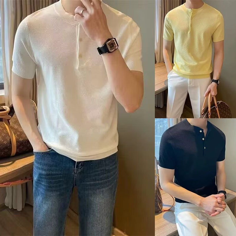 Verano nueva camiseta de cuello Henry camiseta de manga corta hombre viejo viento de negocios de hielo de verano fábrica transfronteriza al por mayor