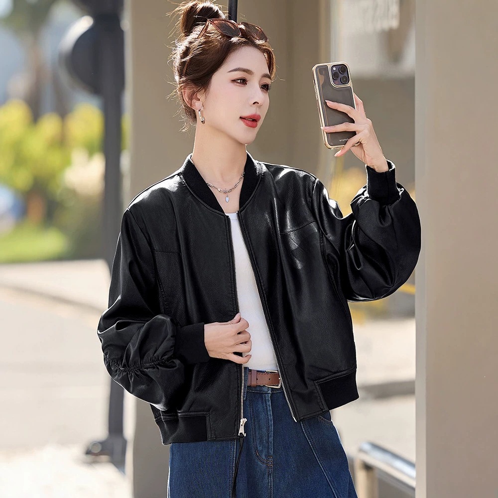 Haining women's leather jacket 2026 new spring and autumn collection, versatile sheepskin stand-up collar short leather jacket for women