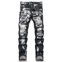 欧美破洞牛仔裤男潮弹力修身小脚高端复古怀旧补丁泼墨长裤4047