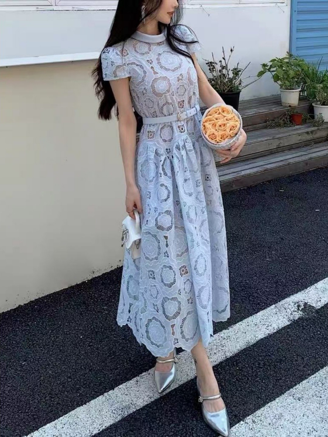 Blue elegant three dimensional lace dress