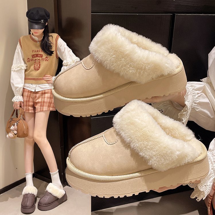 2025 Snow Boots Women's Winter Fur Slippers Plush Cotton Slippers Fleece-Lined Thick Sole Warm Outer Wear Baotou Half Slippers