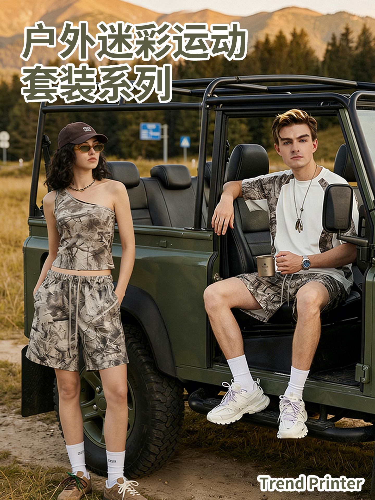 Marca de moda de hombre de verano Europa y América al aire libre camuflaje de mangas cortas chaleco de camiseta delgada cabina pantalones cortos pareja set hombre y mujer image 4