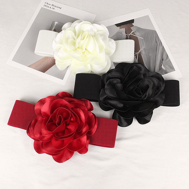 7.5cm Wide Waist Belt Women's Rose Versatile Elastic Waistband Fashionable Temperament Three-dimensional Large Flower Decoration Accessories_voghion.com