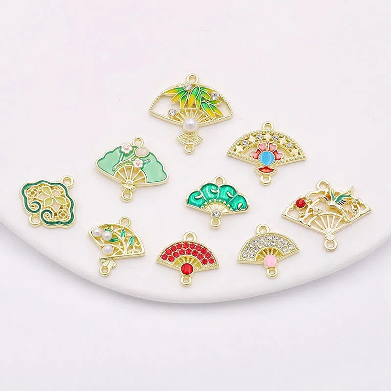 diy alloy oil drop chinese style carved fan antique imitation pearl fan car earrings necklace keychain pendant